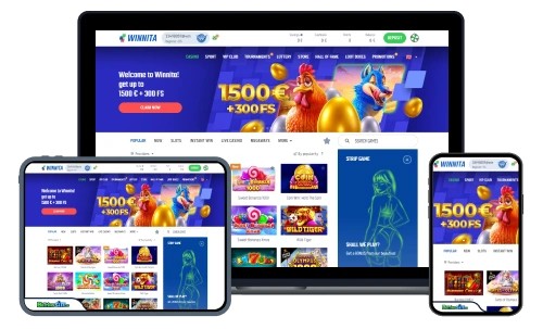 Winnita Casino responsive su laptop, tablet e smartphone con schermata del casinò online e offerta di benvenuto
