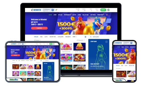 Winnita Casino responsive su laptop, tablet e smartphone con schermata del casinò online e offerta di benvenuto