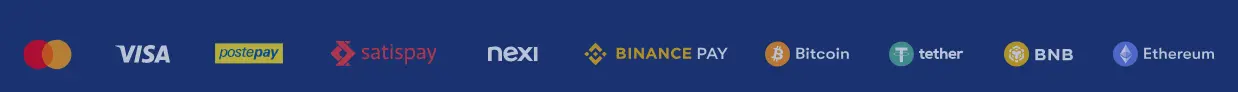 Barra dei metodi di pagamento di Winnita Casino con icone Mastercard, Visa, Postepay, Satispay, Nexi, Binance Pay, Bitcoin, Tether, BNB ed Ethereum