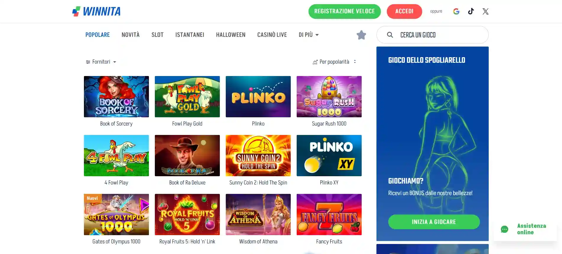 Schermata principale di Winnita Casino con slot popolari come Book of Sorcery, Fowl Play Gold, Plinko e Sugar Rush 1000